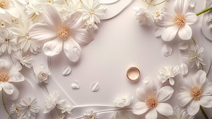 Obraz premium Wedding card in white colors with flowers and wedding ring