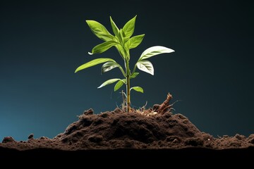 Young plant growing in fertile soil against a dark background, symbolizing growth and new beginnings