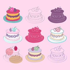 A set of nine colorful cakes, each with three layers and decorated with fruit and flowers.