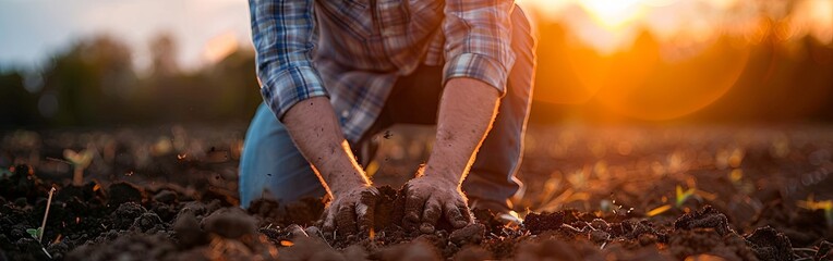 Farmer Feeling Soil Quality at Sunset