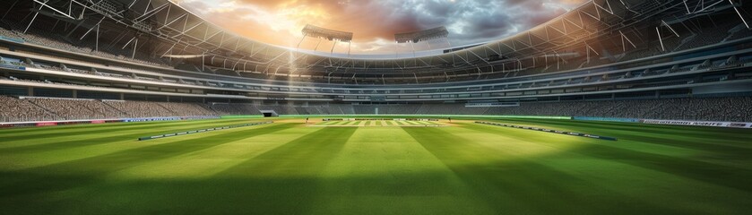 A cricket stadium with advanced eco-friendly design elements including solar panels