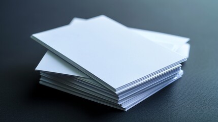 A stack of blank white paper on a black table. The paper is clean and unwrinkled.