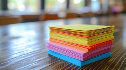A stack of colorful sticky notes on a wooden table. The notes are in various colors, including blue, green, pink, and yellow.