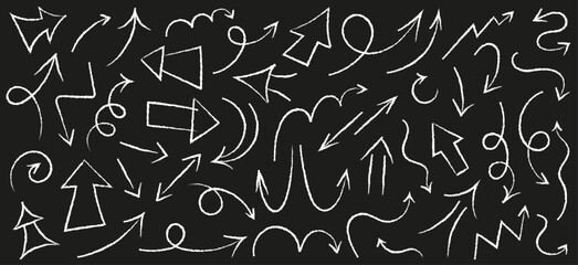 Scribble arrows. Set of Arrows Pointers drawn with chalk on black board. Vector doodle chalk drawing. Freehand different curved arrows, swirls.