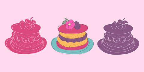 A colorful illustration of three layered cakes, each topped with various fruit, including berries and a flower.