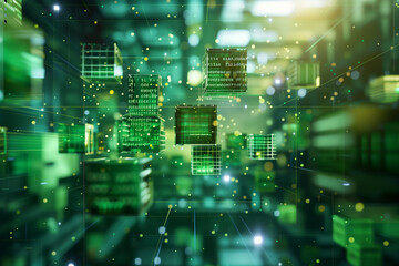 A digital illustration of green blocks with binary code and text floating in the air, representing blockchain technology. An abstract and futuristic scene.