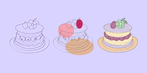 A simple line drawing illustration featuring three cakes with different fruit toppings. Each cake is on a plate and has a distinctive design.