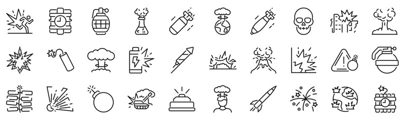 Set of 30 outline icons related to explosive. Linear icon collection. Editable stroke. Vector illustration © SkyLine