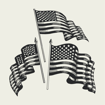 American Waving Flag Set Vintage Hand Drawn Illustration