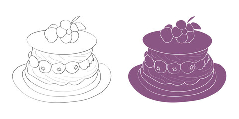 This image depicts a line drawing of a multi-layered cake with berries and a flower on top. There are two versions of the image, one in black and white and one in purple.