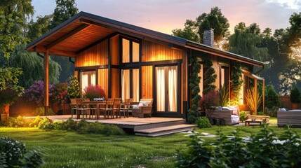 Fototapeta premium 3D rendering of tropical house exterior,Modern house with large terrace and swimming pool. 3d rendering,Mansion, Modern single-story house with large glass windows, wood paneling, and a sleek design