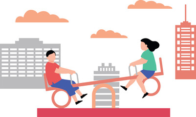 A boy and a girl are taking seesaw