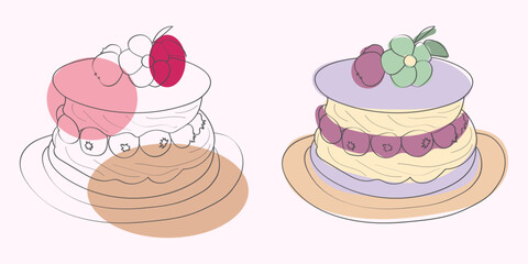 Line art illustration of two cakes topped with berries and flowers.