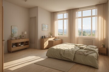 A serene bedroom with a comfortable bed, calming colors, and natural light streaming through the window, promoting restful sleep.