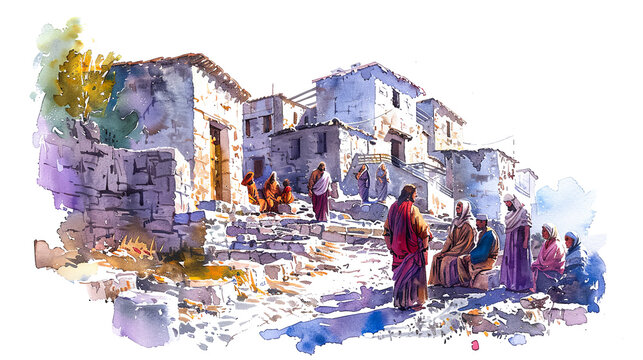 Digital watercolor painting of Jesus Watercolor painting, Jesus healing a leper in an ancient village square, villagers watching in awe, detailed stone buildings, miraculous and compassionate mood