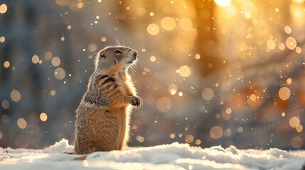 Cute groundhog standing on its hind legs in the snow, with a forest background and bokeh lights, sunlight rays through the trees. Wildlife scene from nature. Animal in the mountain habitat.