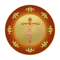 Christian traditional image of Crucifixion (Good Friday). Greek medallion in Byzantine style isolated