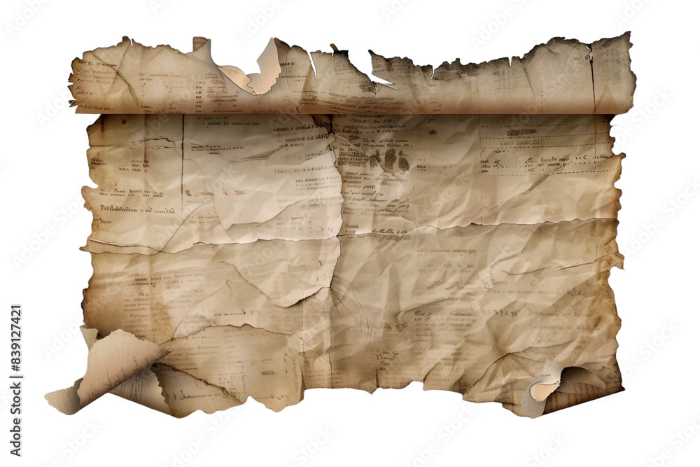 Poster old paper with torn edges isolated on transparent background