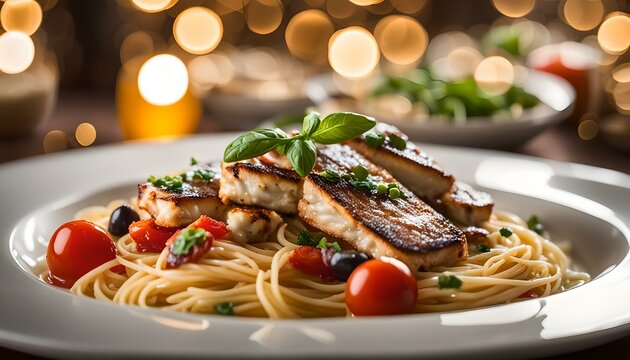 Spaghetti with swordfish and tomatoes, italian cuisine restaurant plate, bokeh lights effect in the background, commercial photo for marketing uses