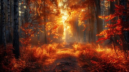 Vibrant autumn forest with a path covered in fallen leaves, illuminated by golden sunlight filtering through the trees.
