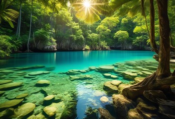 Obraz premium secluded tranquil turquoise waters surrounded lush greenery, aquatic, beach, blue, calm, clear, coast, coastal, cove, crystal, emerald, exotic, foliage