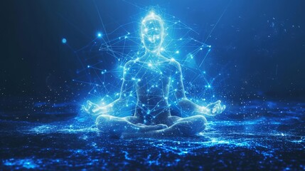 Naklejka premium Digital Meditation: Enlightened Human Figure Connected to Technology in a Cybernetic Space