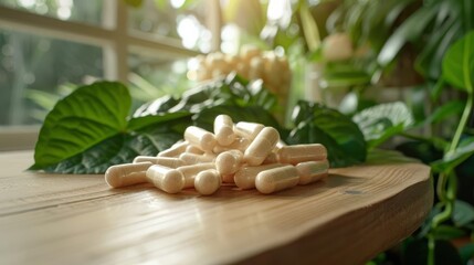 Herbal Capsules on Wooden Table in Bright Room with Green Foliage