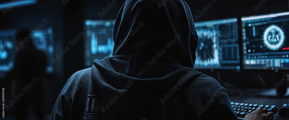 Poster anonymous hacker, their back presented in a half-turn, wearing a hoodie, seated in front of a comman