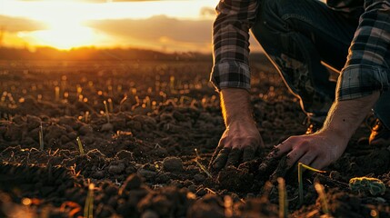 Farmer Feeling Soil Quality at Sunset