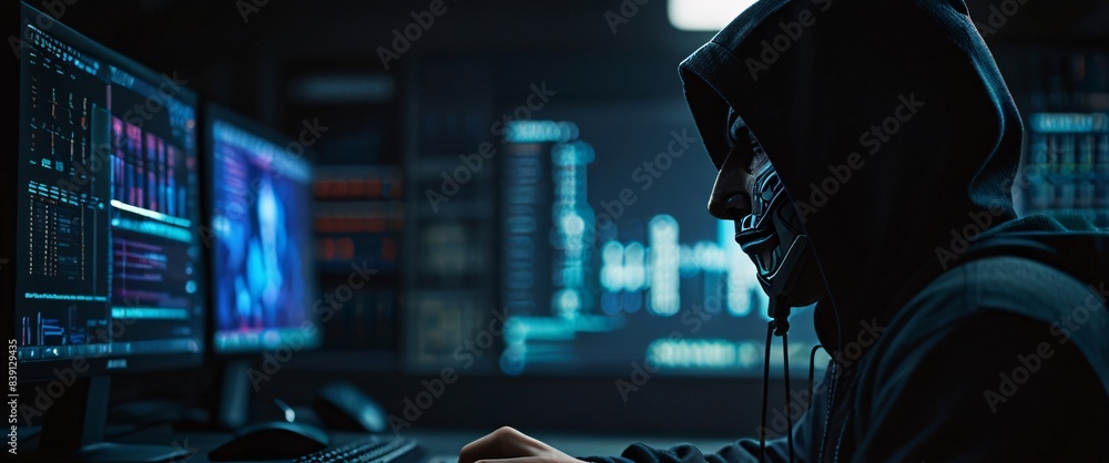 Poster anonymous hacker, their back presented in a half-turn, wearing a hoodie, seated in front of a comman