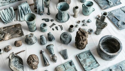 A collection of ancient artifacts, including pottery and tools, displayed on a white surface, showcasing historical craftsmanship.