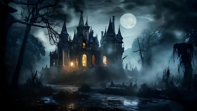 Video of abandoned mansion with a dark, stormy sky in the background. Halloween castle is there are lights on inside