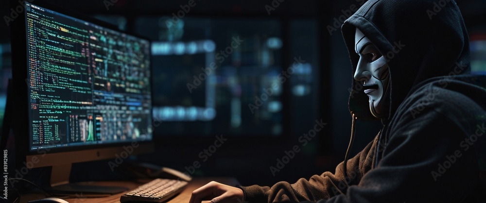 Poster anonymous hacker, their back presented in a half-turn, wearing a hoodie, seated in front of a comman