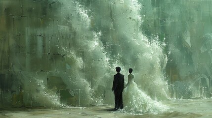 Obraz premium Silhouettes of a bride and groom stand in front of a surreal green wave.