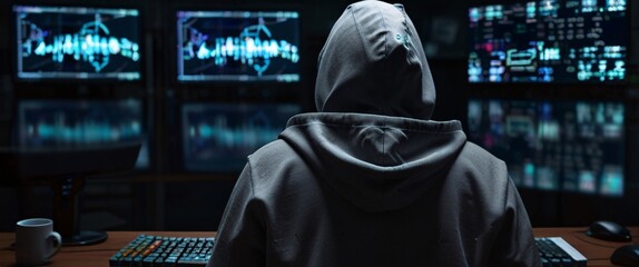 Obraz premium anonymous hacker, their back presented in a half-turn, wearing a hoodie, seated in front of a commanding monitor, engrossed in the process of deciphering intricate lines of code. Employ a wide-angle