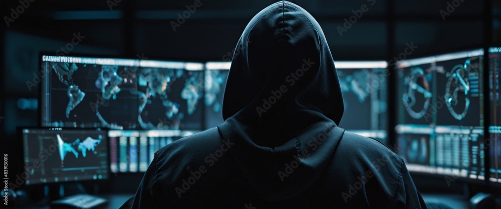 Poster anonymous hacker, their back presented in a half-turn, wearing a hoodie, seated in front of a comman