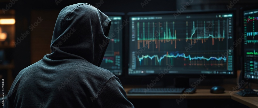 Poster anonymous hacker, their back presented in a half-turn, wearing a hoodie, seated in front of a comman