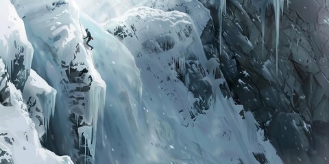 Obraz premium Ice climber ascending a frozen mountain waterfall, detailed gear and icy surface, harsh midday light. 