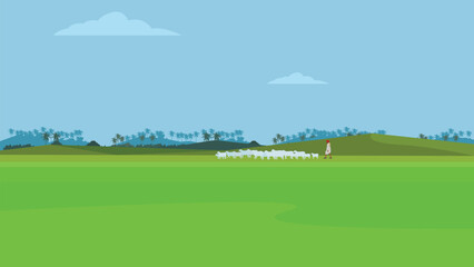 Fototapeta premium Man herding sheep in green Landscape Background