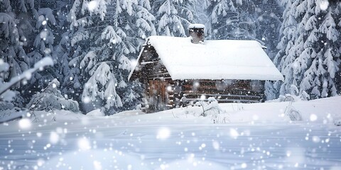 Heavy snowfall on mountain cabin, close-up on accumulating snowflakes, tranquil yet isolating. 