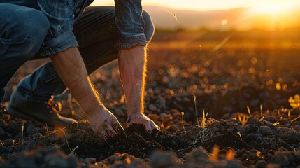 Farmer Feeling Soil Quality at Sunset
