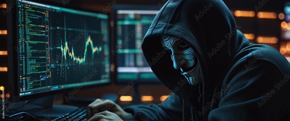 Poster anonymous hacker, their back presented in a half-turn, wearing a hoodie, seated in front of a comman