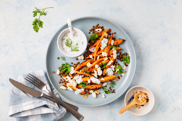 Roasted Carrot Lentil Salad with Feta, Yogurt and Dill.