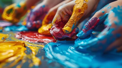 Fototapeta premium Diverse employees as different colored paint, collaborating on a canvas