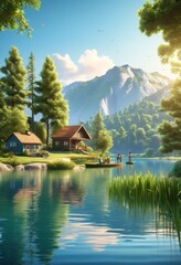 Naklejka premium scenic family fishing trip lake fishing rods boat nature, outdoors, leisure, activities, recreation, water, relaxation, vacation, adventure, landscape, gear