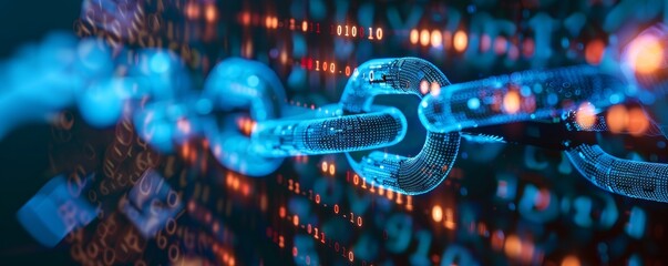 Close up of a digital blockchain network connection with glowing links, representing technology, security, and data transfer.