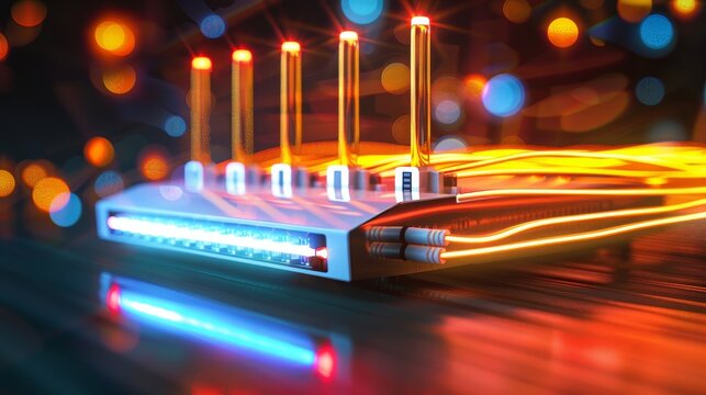 Close-up of a modern wireless router with glowing red and blue lights, depicting high-speed internet connectivity and advanced technology.