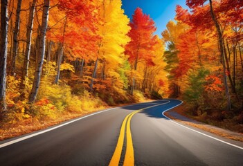 Naklejka premium autumnal road scenic journey through fall landscapes polarizing filter, trip, roadside, attractions, overlooks, sky, foliage, contrast, capture, document, nature