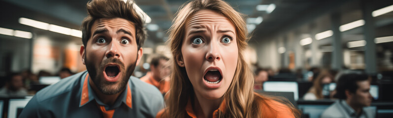 Managers shouting with surprise in office building.