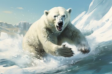 Artistic illustration of an aggressive polar bear with an open mouth in a snowy arctic scene